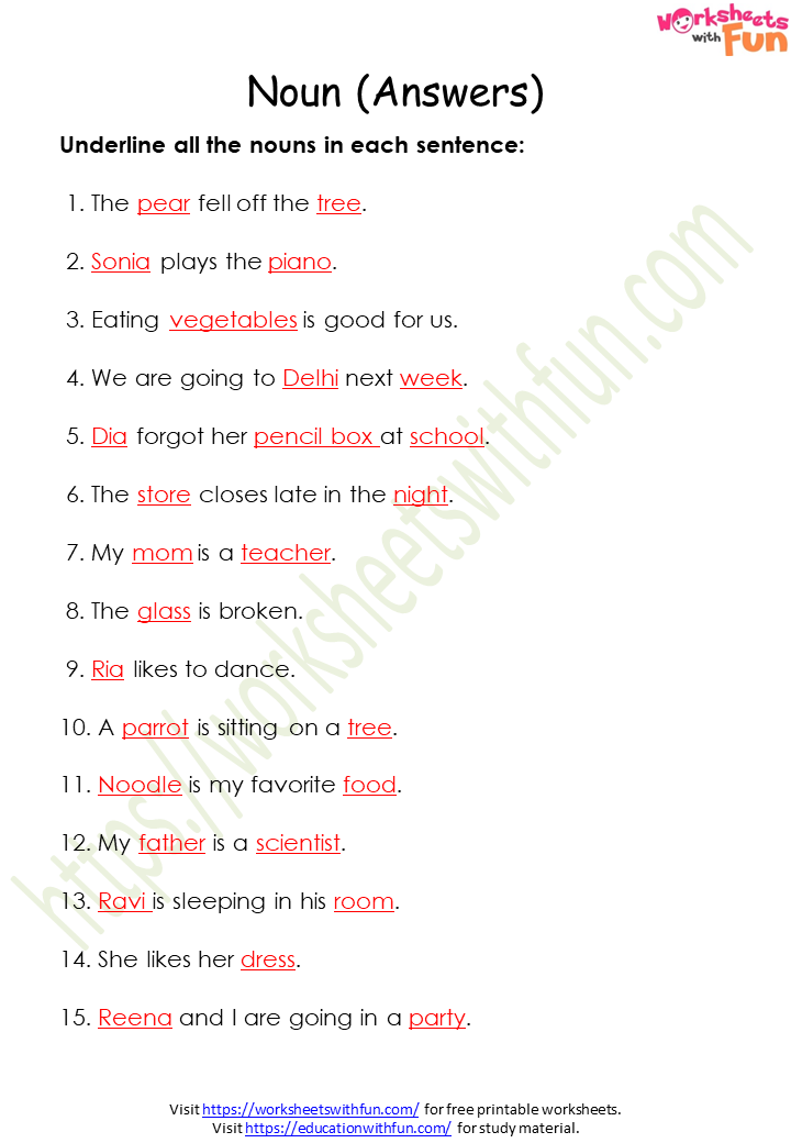 English Class 1 Naming Words Nouns Worksheet 7 Answer 